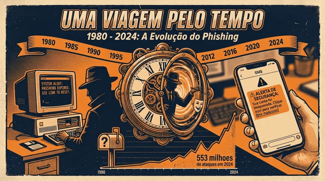 Capa do minicurso "Uma viagem pelo tempo": linha do tempo de 1980 a 2024, relógio, terminal antigo e um SMS de golpe no celular.